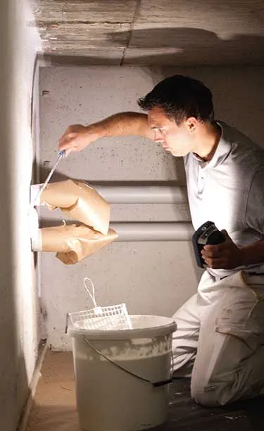 Un meșteșugar iluminează o cameră îngustă și întunecată cu Lampa de lucru Festool într-o mână și o unealtă în cealaltă